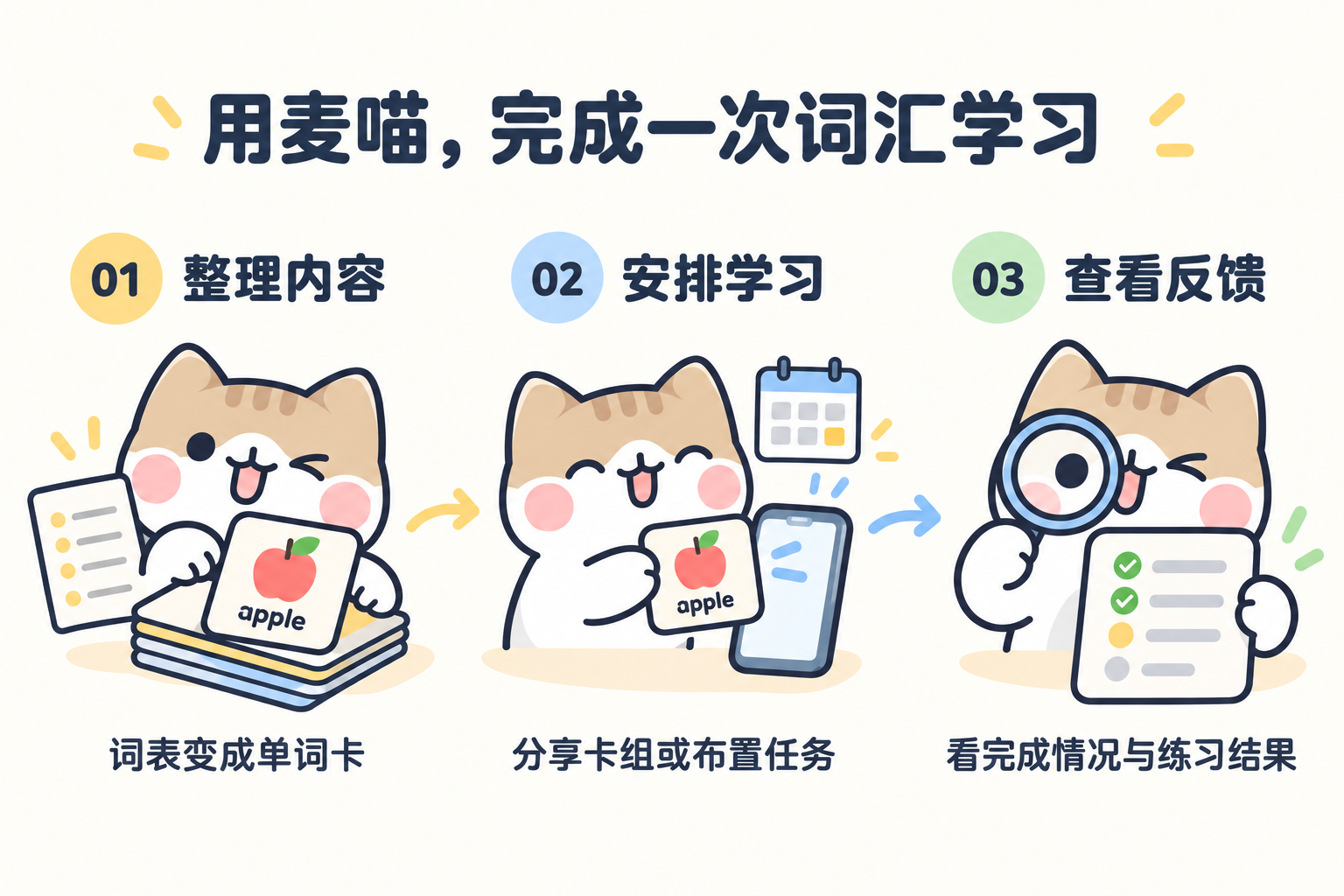 麦喵带你认识三个步骤：把词表整理成单词卡，分享卡组或布置任务，再查看卡组与任务的学习情况。