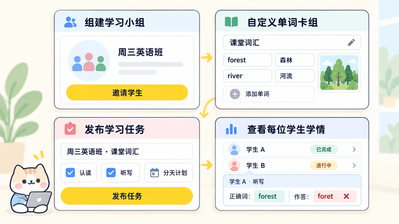老师建立学习小组、自定义单词卡组、发布学习任务,并逐人查看完成情况和具体听写答案
